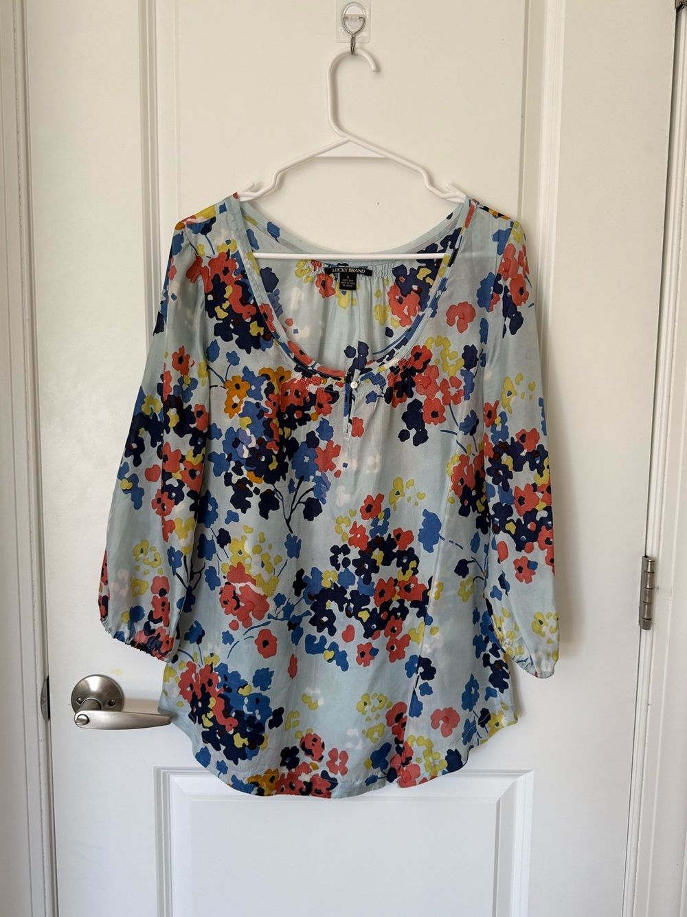 Vintage Silk Lucky Brand Light Blue Floral Blouse